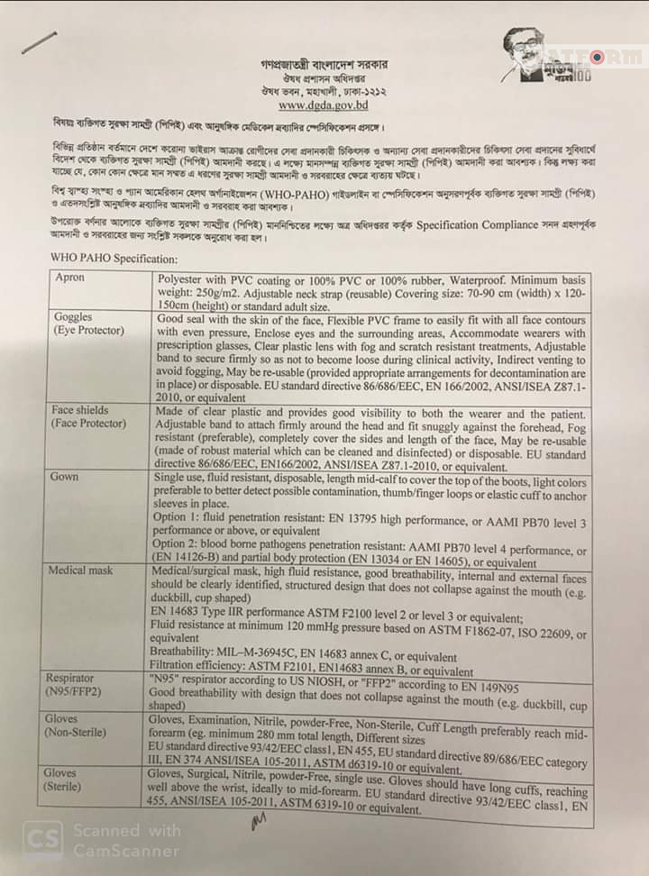 করোনা মোকাবেলায় পিপিই ও মেডিকেল দ্রব্যাদি সম্পর্কে সরকারি নির্দেশাবলী